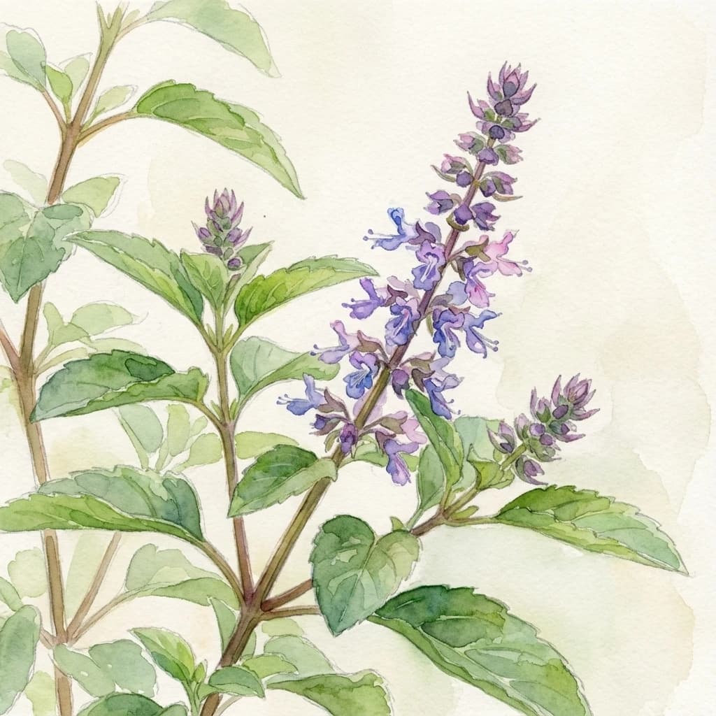 Tulsi holy basil (Ocimum tenuiflorum) medicinal herb at Save Farm healing garden Dahanu